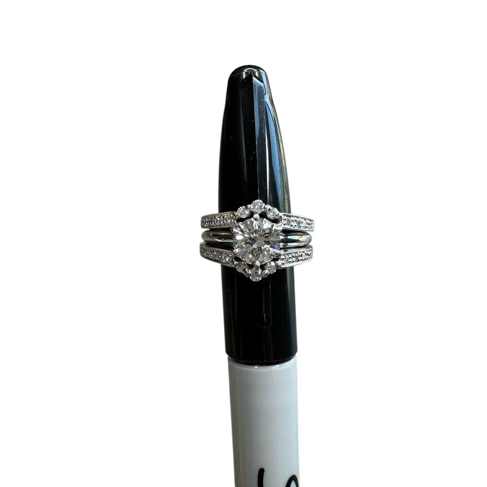 1.03CT Round Diamond Engagement Ring Set | G VS2 | Platinum 3-Piece Bridal Set - Picture 4 of 16
